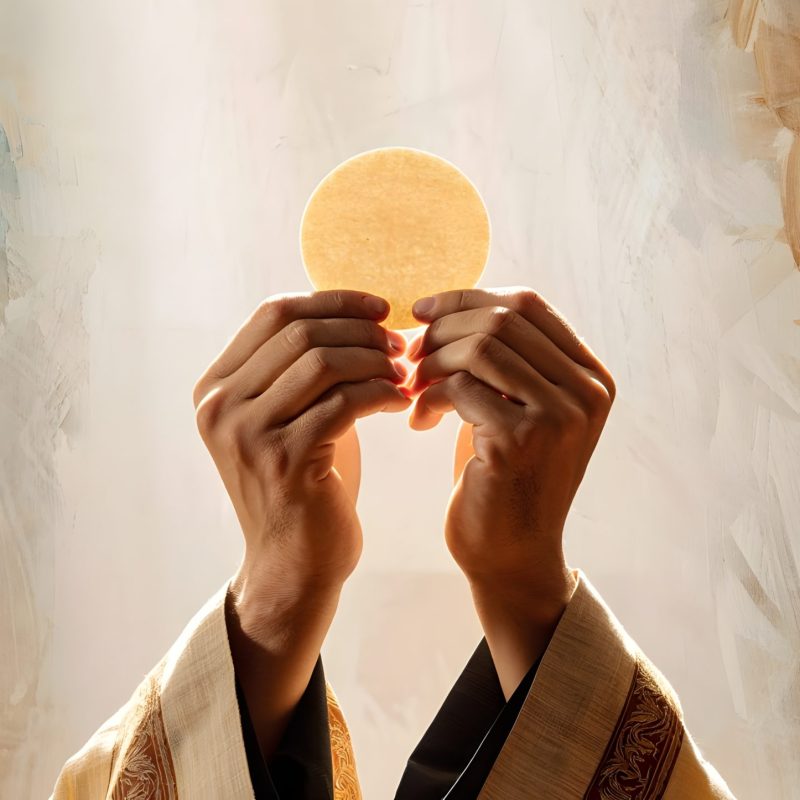 A priest's hands reverently hold a consecrated host, emanating a serene glow, representing a spiritual moment. It is a photorealistic capturing of the sacred communion ritual.